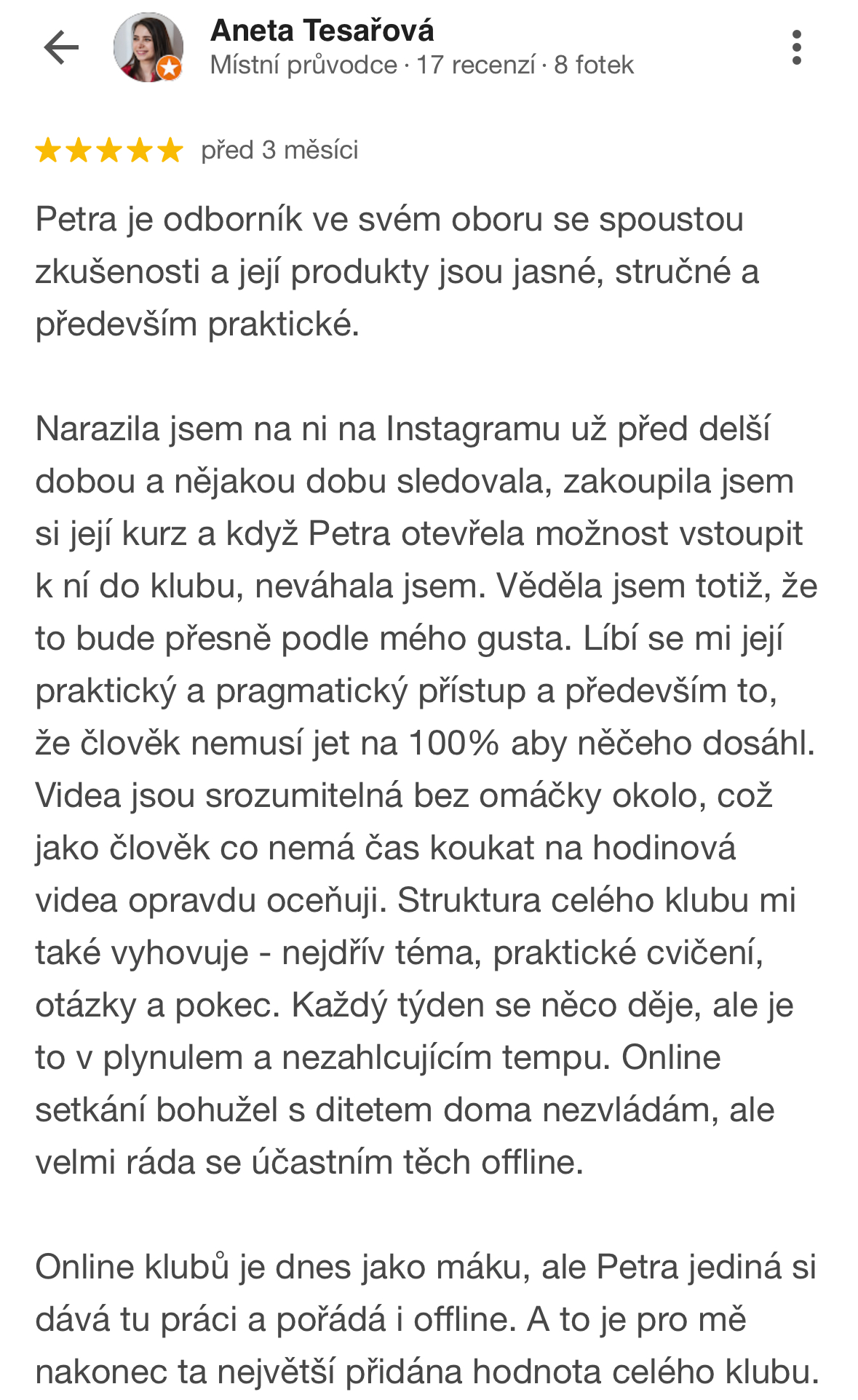 Google recenze, Aneta Tesařová