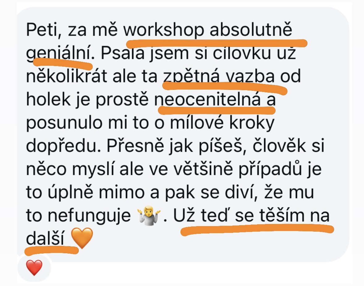Reakce účastnice workshopu, workshop byl absolutně geniální