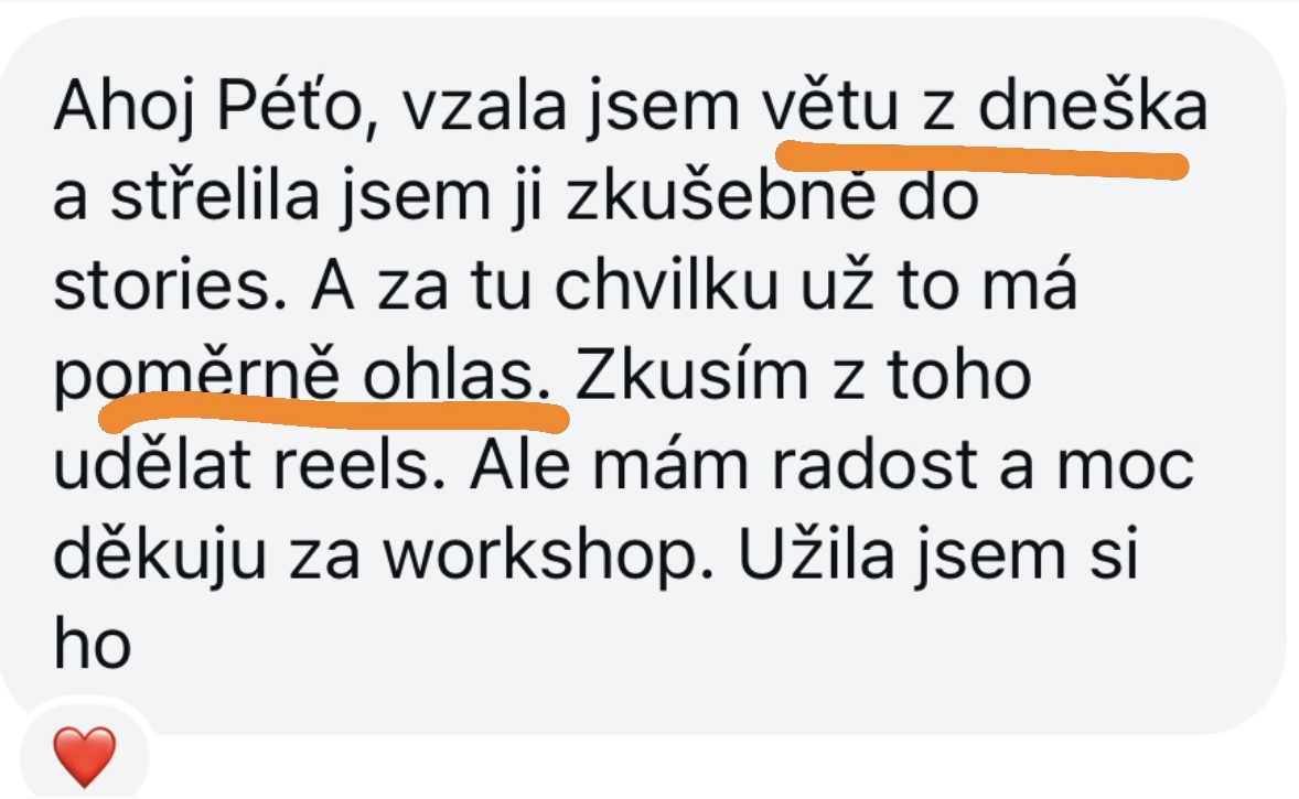 Reakce účastnice workshopu, věta z workshopu měla ohlas
